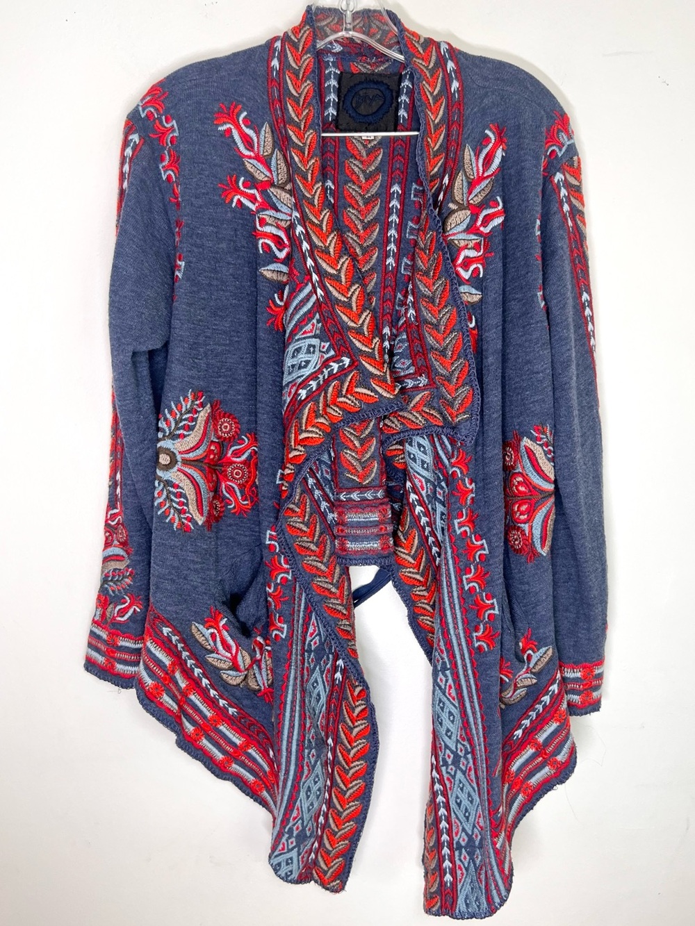 Johnny Was Biya Embroidered Draped Tie Jacket Blue/Red Sz M